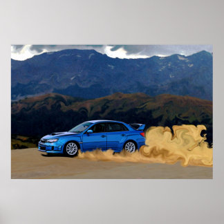 Póster Subaru azul STi deslizando nas montanhas