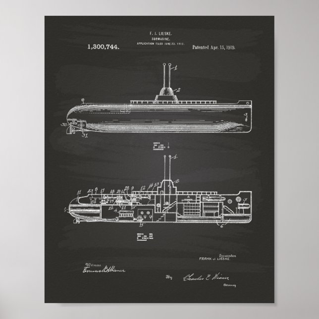 Póster Submarino 1919 Quadro de Arte Patente (Frente)