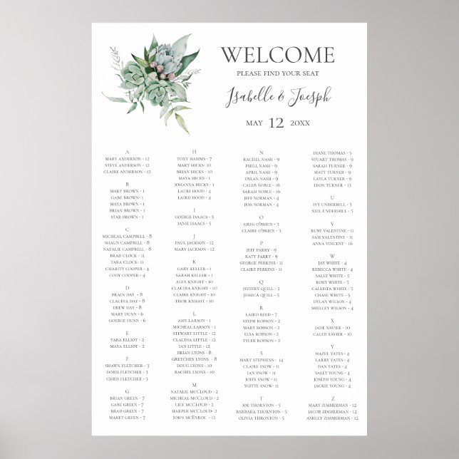 Poster Succulent Greenery | Gráfico de assentos alfabétic (Frente)