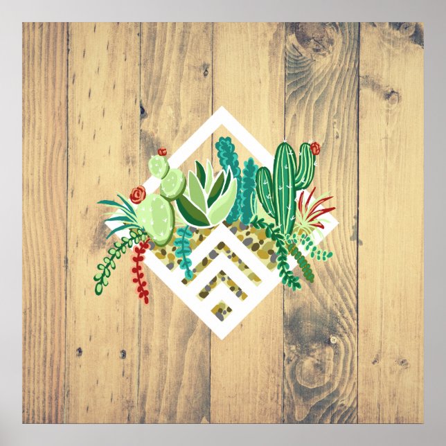 Poster Succults Geométricos Modernos Plantador e Madeira (Frente)