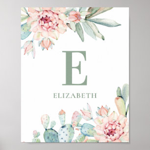 Poster Suculentas florais monograma de bebê. Berçário de 
