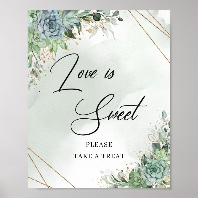 Poster Suculentas rústicas verde dourado O amor é um doce (Frente)