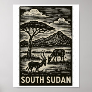 Poster Sudão do Sul Linocut Estilo Superdimensionado 