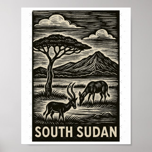 Poster Sudão do Sul Linocut Estilo Superdimensionado  (Frente)
