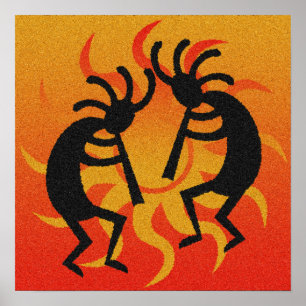 Póster Sudoeste preto e alaranjado Kokopelli Sun tribal