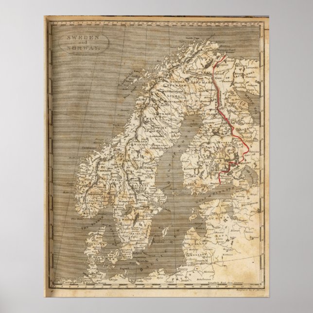 Póster Suecia, Mapa da Noruega por Arrowsmith (Frente)