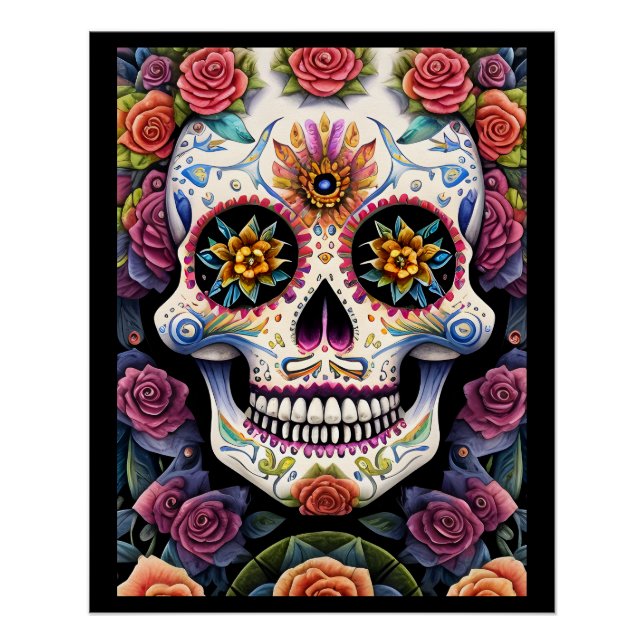 Póster Sugar Skull Art - Dia de los Muertos Floral Skull (Frente)