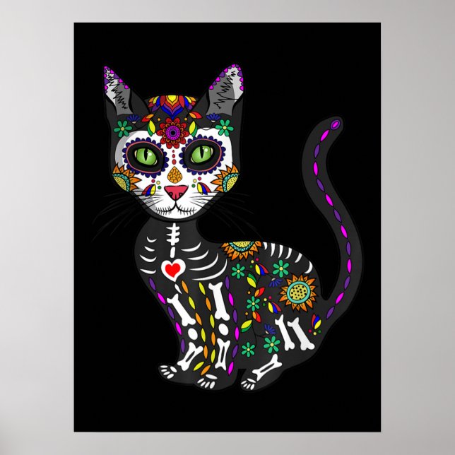 Poster Sugar Skull Mexican Cat Halloween Day Of The Dead (Frente)