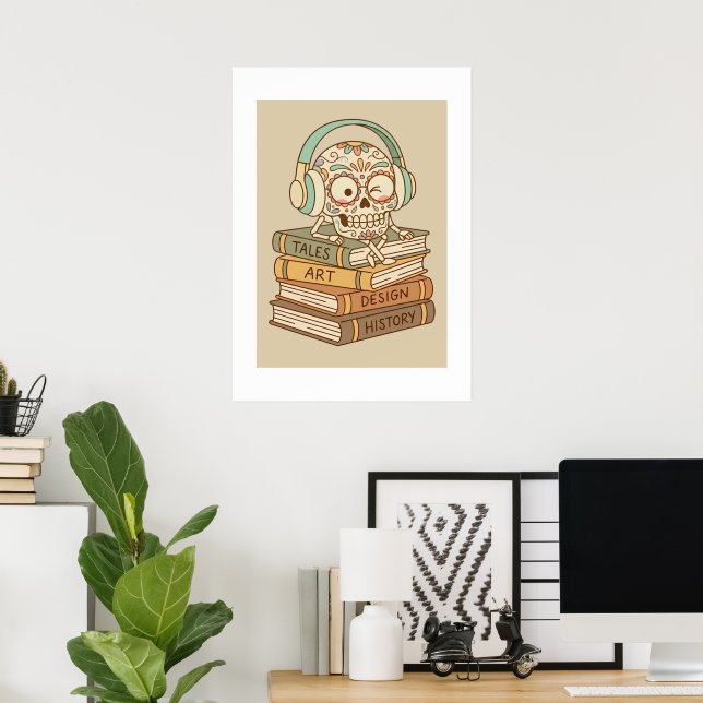 Poster Sugar Skull Passionate About Reading (Escritório em casa)