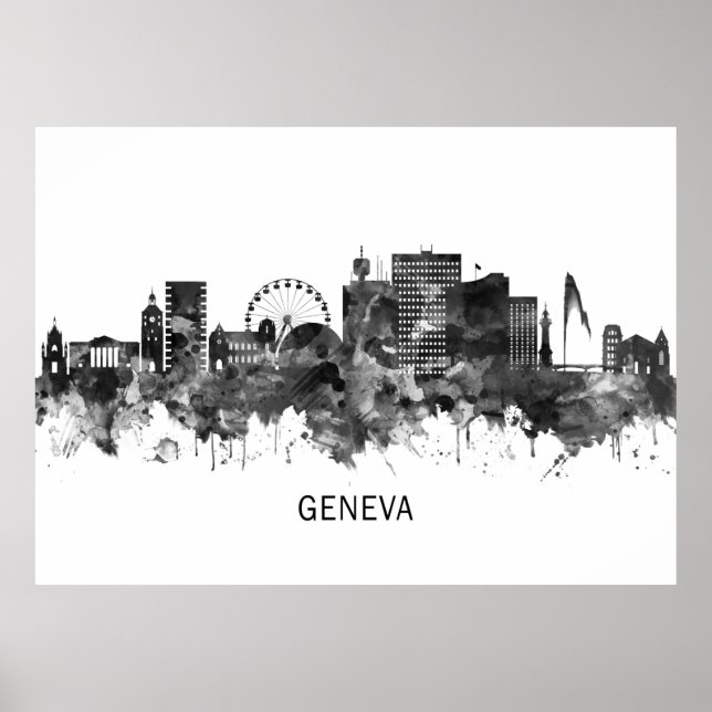 Poster Suiça de Genebra Skyline BW (Frente)