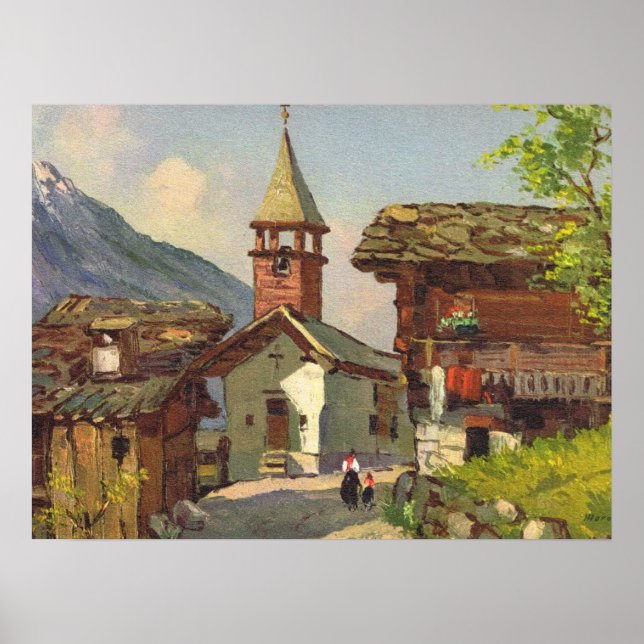 Póster Suiça Vintage, aldeia de Valais (Frente)