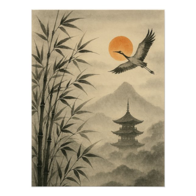 Póster Sumi-e Crane Bamboo Poster | Traditional Japanese (Frente)