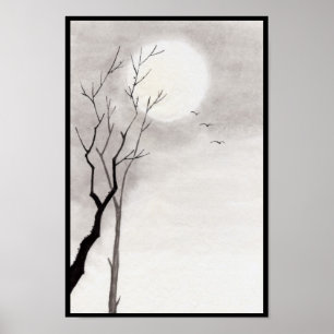 Póster Sumi-e japonês do cenário da lua da noite do