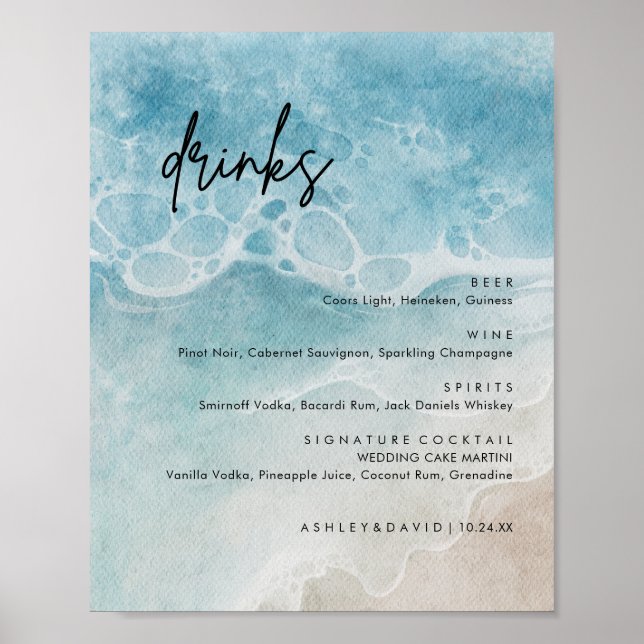 Poster Summer Beach Wedding Large Drinks Menu Bar (Frente)