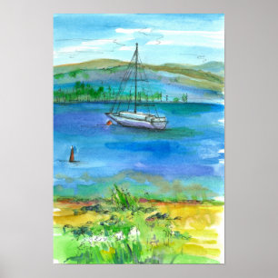 Poster Summer Sail Mountain Lake Watercolor