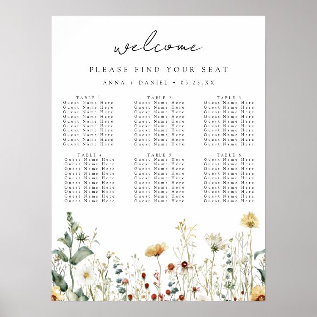 Poster Summer Wildflower Field Wedding Seating Chart (Frente)