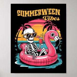 Poster Summerween Vibes Skeleton Flamingo Spooky Hallowee