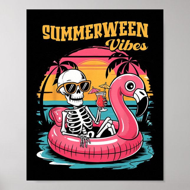 Poster Summerween Vibes Skeleton Flamingo Spooky Hallowee (Frente)