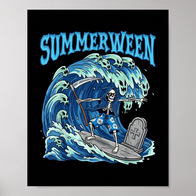 Poster Summerwin Skeleton Surf Grim Reaper Beach Spooky (Frente)
