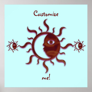 Póster Sun tribal vermelho customizável e lua