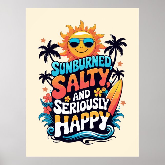 Poster Sunburned Salty and Happy – Retro Beach Vibes (Frente)