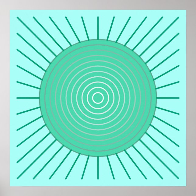 Póster Sunburst Geométrico Moderno - Aqua e Seafoam Green (Frente)