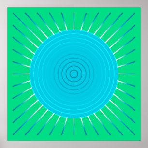 Póster Sunburst Geométrico Moderno - Azul e Verde-Jade