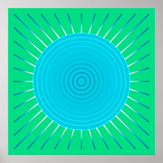 Póster Sunburst Geométrico Moderno - Azul e Verde-Jade (Frente)