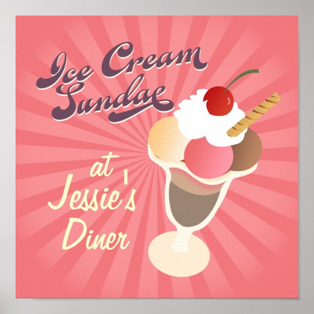 Póster Sundae do Sorvete do Diner Retro (Frente)