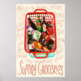 Poster Sunday Groceries Print Red Shopping Basket, Foodie