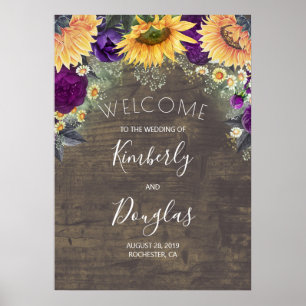 Poster Sunflower and Purple Rosa Casamento outono Welcome