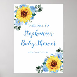 Poster Sunflower Dusty Blue Watercolor Chá de fraldas Flo