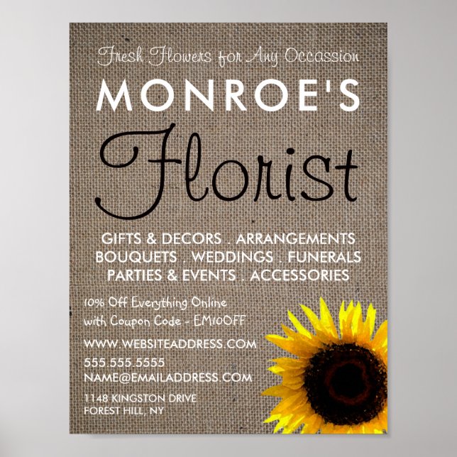 Poster Sunflower e Burlap, publicidade sobre flores (Frente)