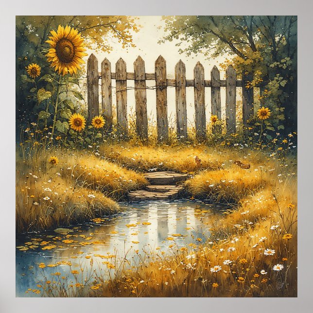 Poster Sunflower Field With Rustic Fence (Frente)