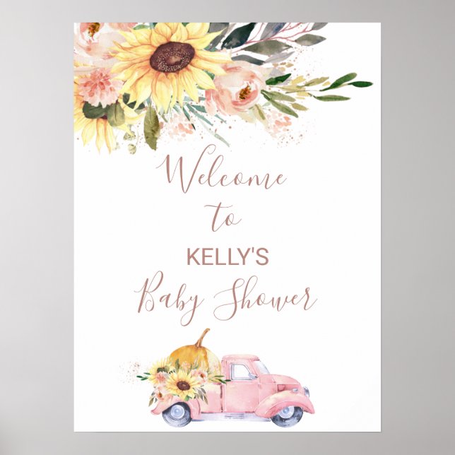 Poster Sunflower Floral Pumpkin Truck Chá de fraldas Bem- (Frente)