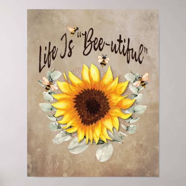 Poster Sunflower Greenery Bee Inspiracional (Frente)