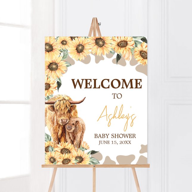 Poster Sunflower Highland Cow Chá de fraldas Bem-vindo (Summer Holy Cow Baby Shower Welcome Sign)