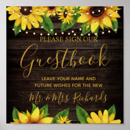 Poster Sunflower Rustic Wood String Casamento Guestbook