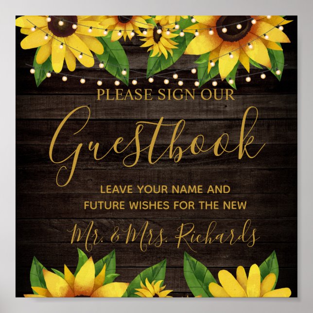 Poster Sunflower Rustic Wood String Casamento Guestbook (Frente)