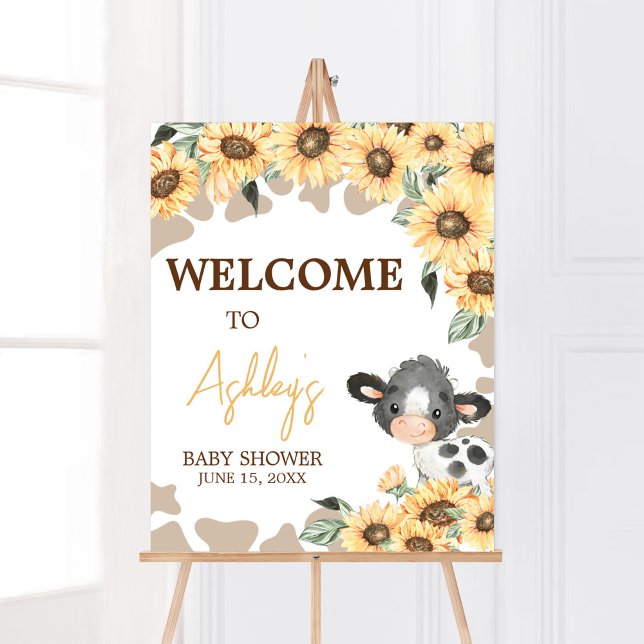 Poster Sunflower Santa Chá de fraldas (Summer Highland Cow Baby Shower Welcome Sign)