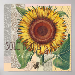 Póster Sunflower Vintage Damask Wallpaper Collage