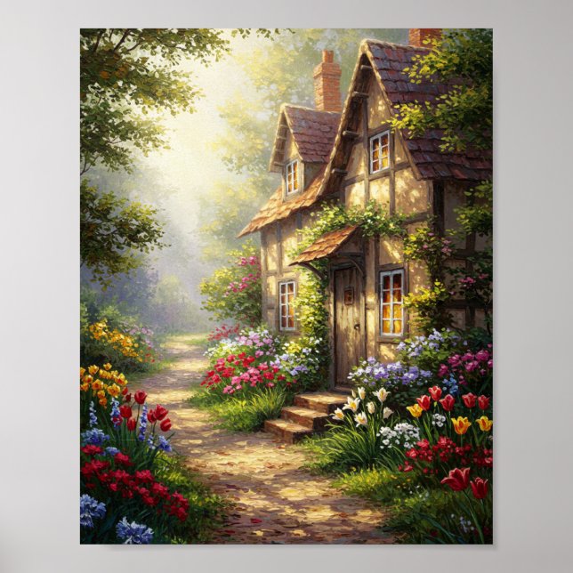 Poster Sunlit Cottage & Flowers | Oil Masterpiece (Frente)