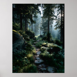 Poster Sunlit Forest Path Through Ancient Pines