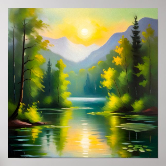 Poster Sunrise over snow covered mountains and lake (Frente)