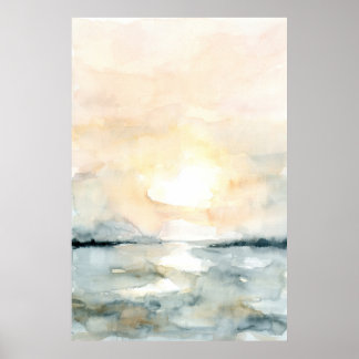 Poster Sunrise Sunset Beach Ocean Aquarela Vertical