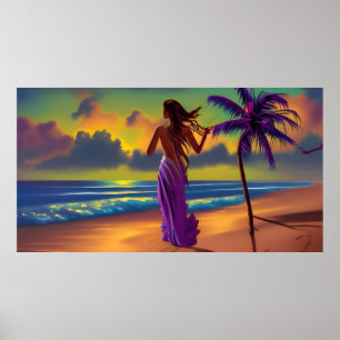 Poster Sunset Beach mulher azul mar fluindo sol roxo