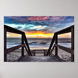 Poster Sunset Beach View do Rustic Wood Deck