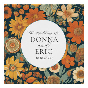 Póster Sunset Blooms: Casamento Floral Laranja da Vintage