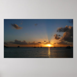 Póster Sunset com Imagem de Paisagem Tropical de Barcos d