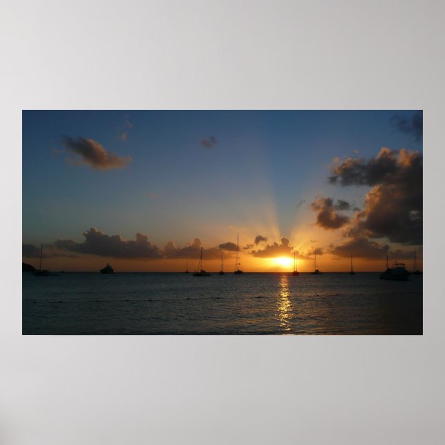 Póster Sunset com Imagem de Paisagem Tropical de Barcos d (Frente)